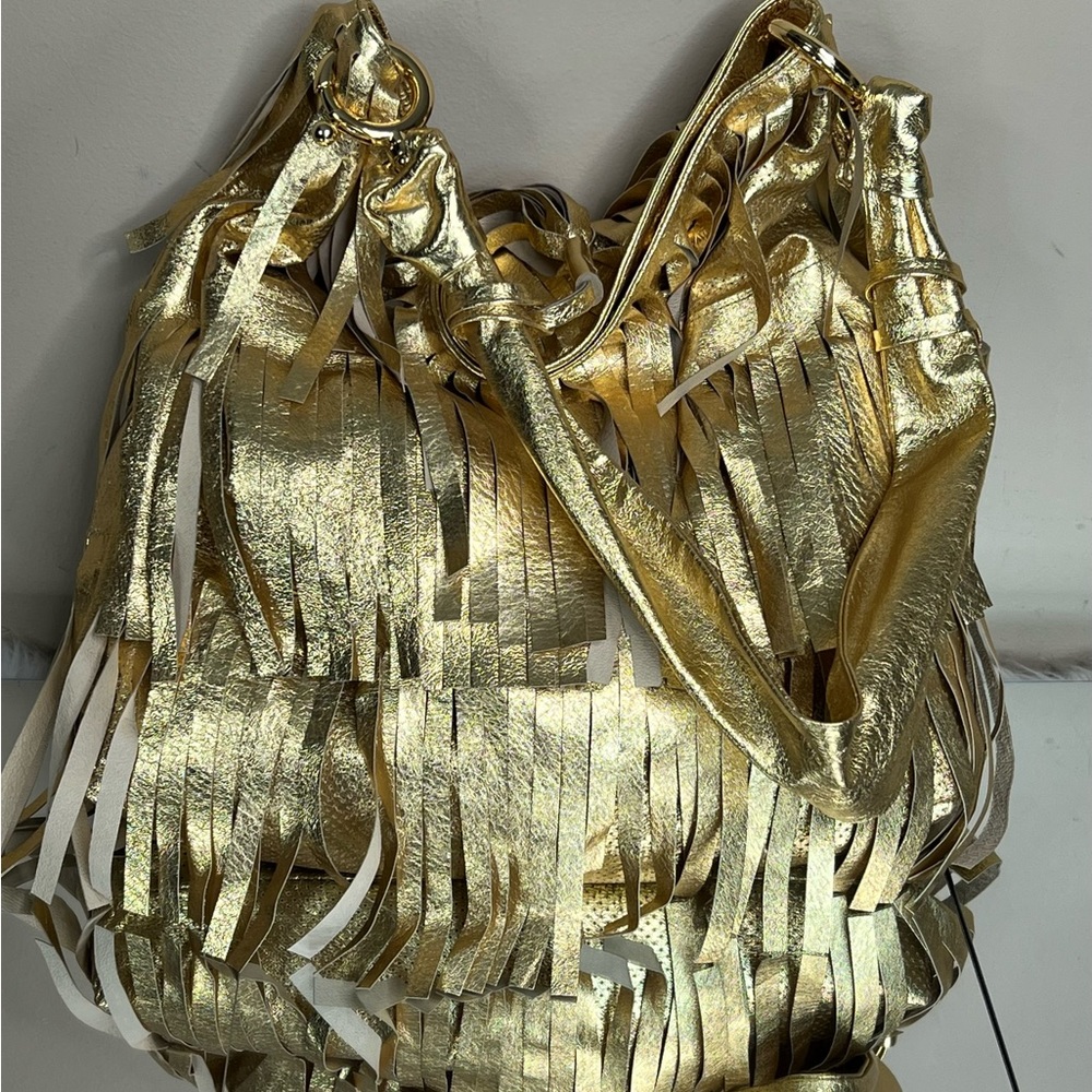 GOLDENBLEU Gold Genuine Leather Fringe Handbag - Picture 3 of 16
